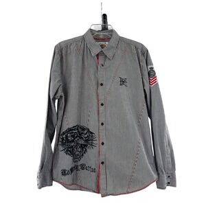 Ed Hardy Button Down Mens M Black White Stripe Tiger Tattoo Long Sleeve Shirt